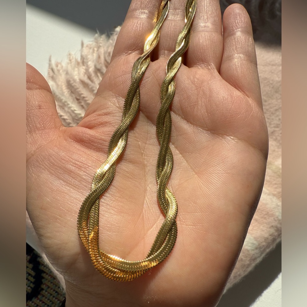 Braided New Herringbone Necklace Bracelet
 Gold 18K plated Set Stainless Steel - Picture 14 of 15